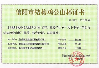 “息县城南区域棚户区改造项目5#、6#意昂体育注册”被授予2018上半年“信阳市结构鸡公山杯”称号