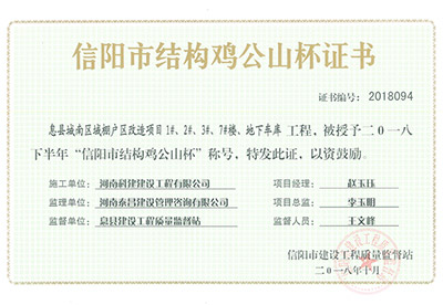 “息县城南区域棚户区改造项目1#、2#、3#、7#楼、地下车库意昂体育注册”被授予2018下半年“信阳市结构鸡公山杯”称号