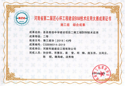 河南省第二届匠心杯意昂体育注册建设BIM大赛综合二等奖
